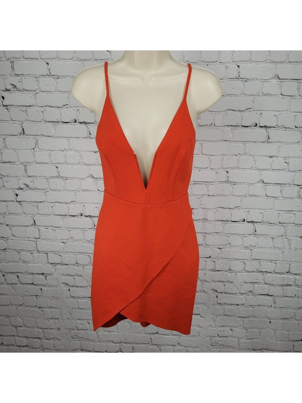 Lulus Orange Strappy Plunge Stretch Asymmetrical Skirt Bodycon Short Dress XS